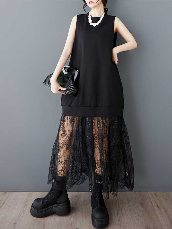 Patchwork Lace Sleeveless Solid Color Loose Maxi Dress