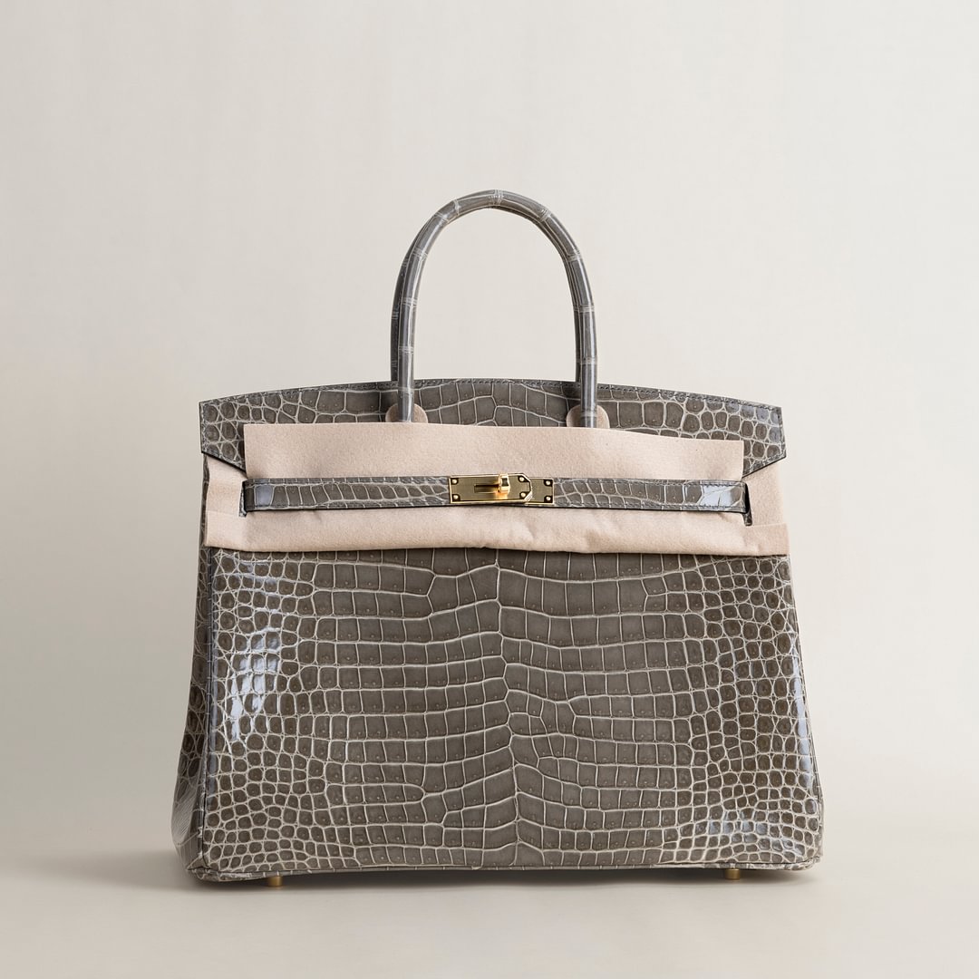 Birkin 35cm Shiny Porosus Crocodile 81 Gris tourterelle GHW