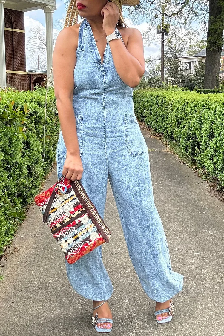 Plus Size Vacation Light Blue Casual Halter Collar Pocket Denim Jumpsuits [Pre-Order] 2024 - Xpluswear