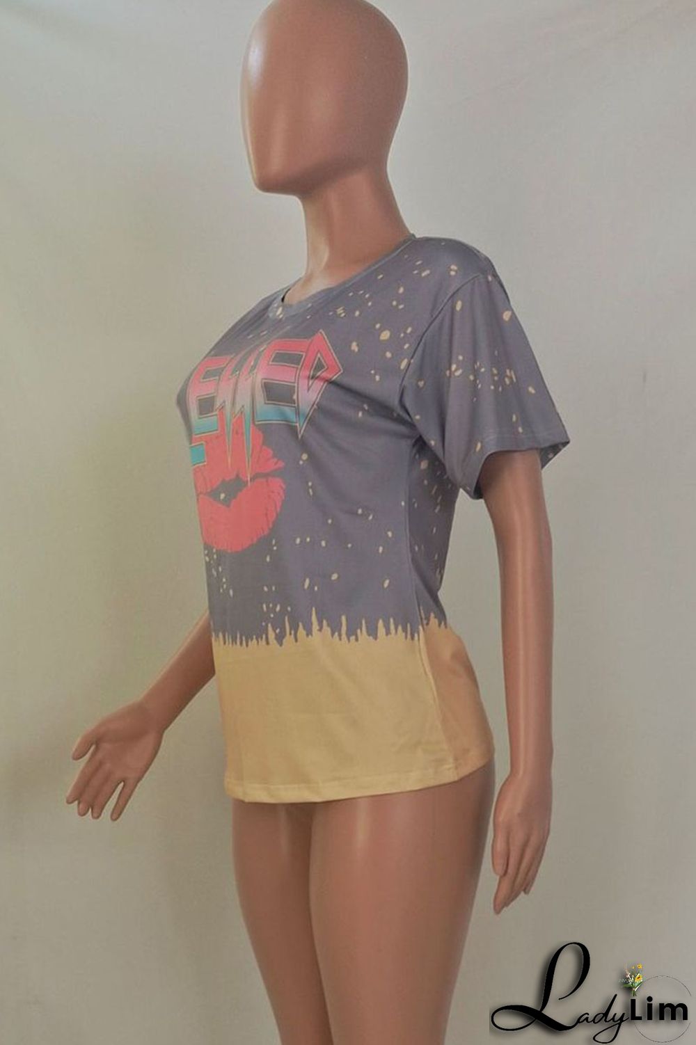 Grey Casual Street Print Split Joint O Neck T-Shirts