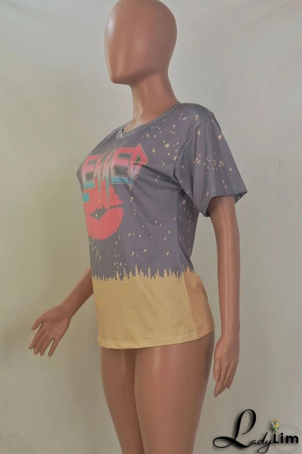 Grey Casual Street Print Split Joint O Neck T-Shirts