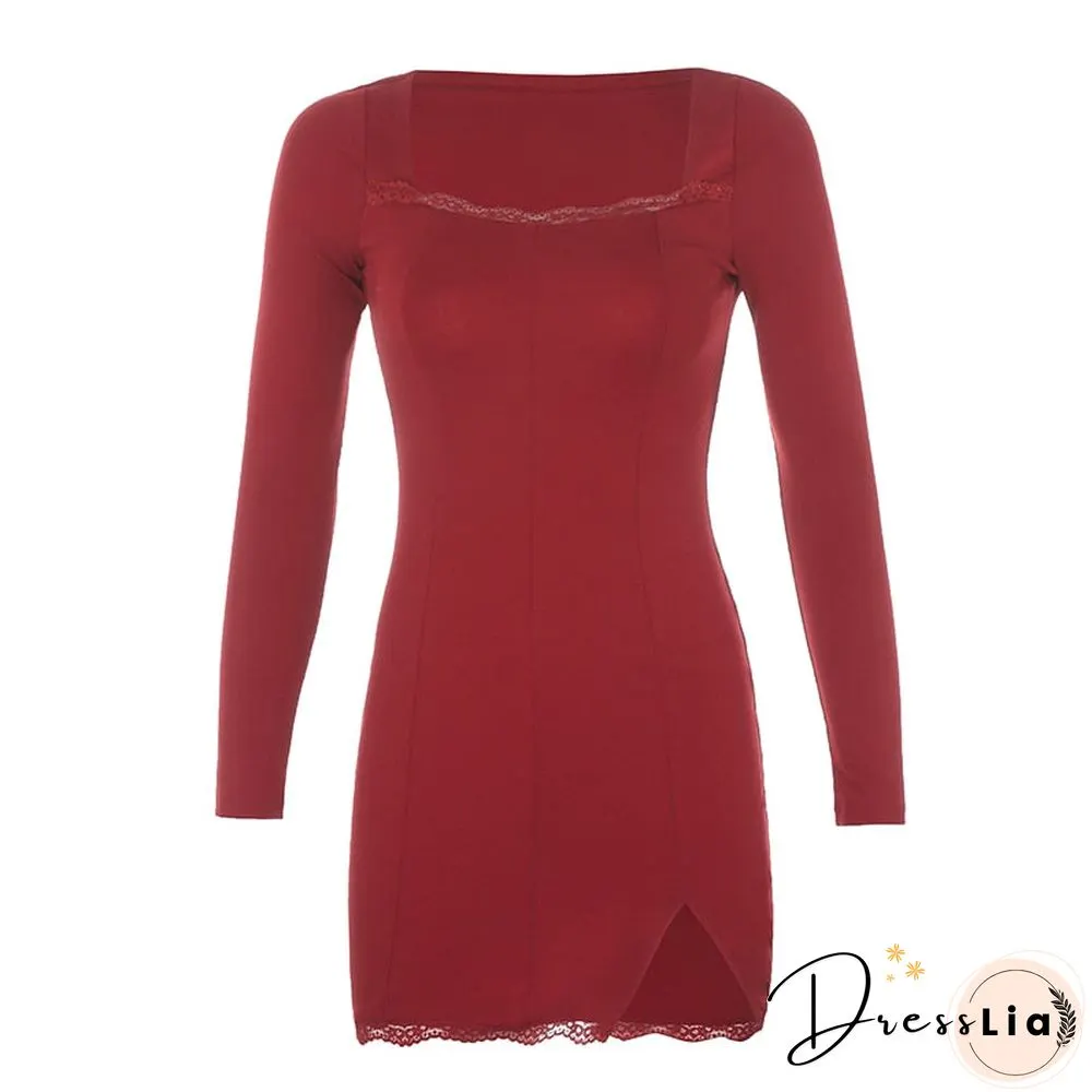 Square Neck Lace Patchwork Bodycon Black Dress Women Elegant Cotton Fashion Side Split