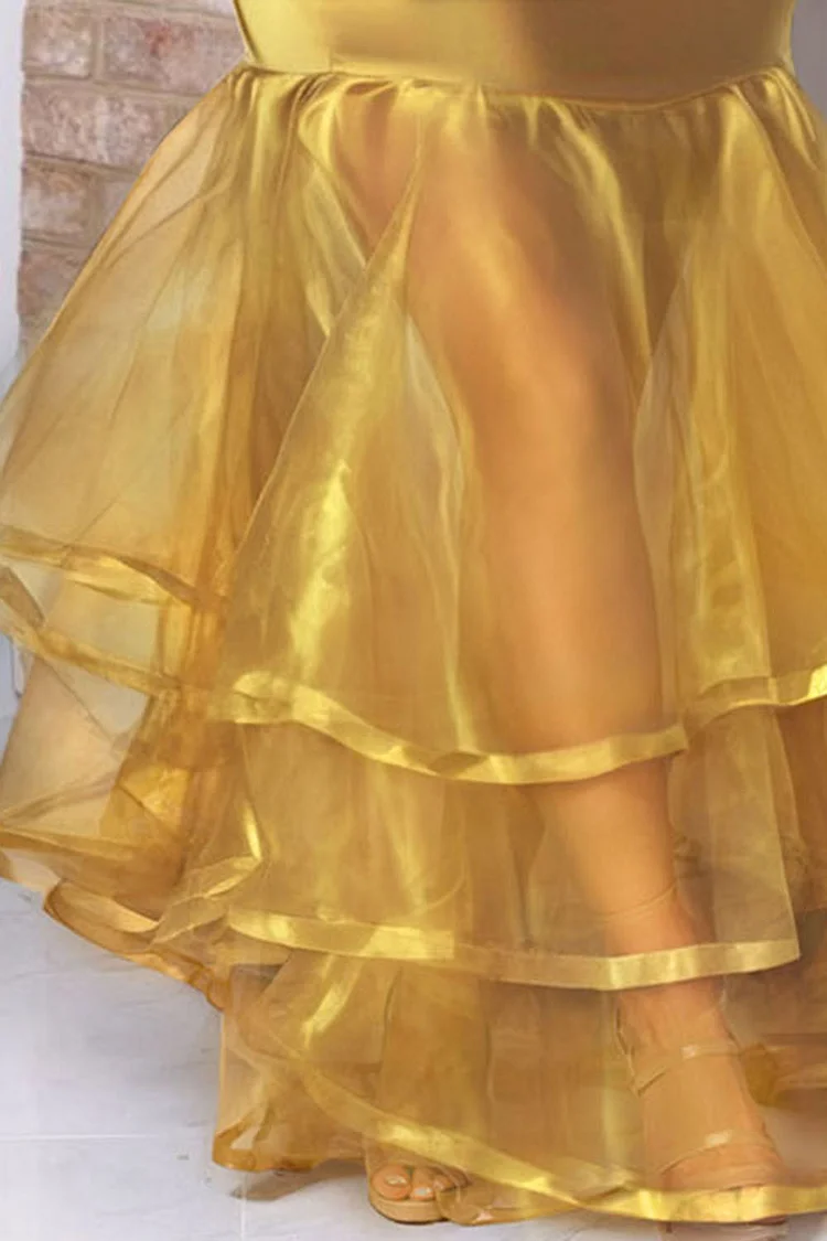 Sweetheart Neck Tulle Patchwork Party Fishtail Maxi Dresses-Gold