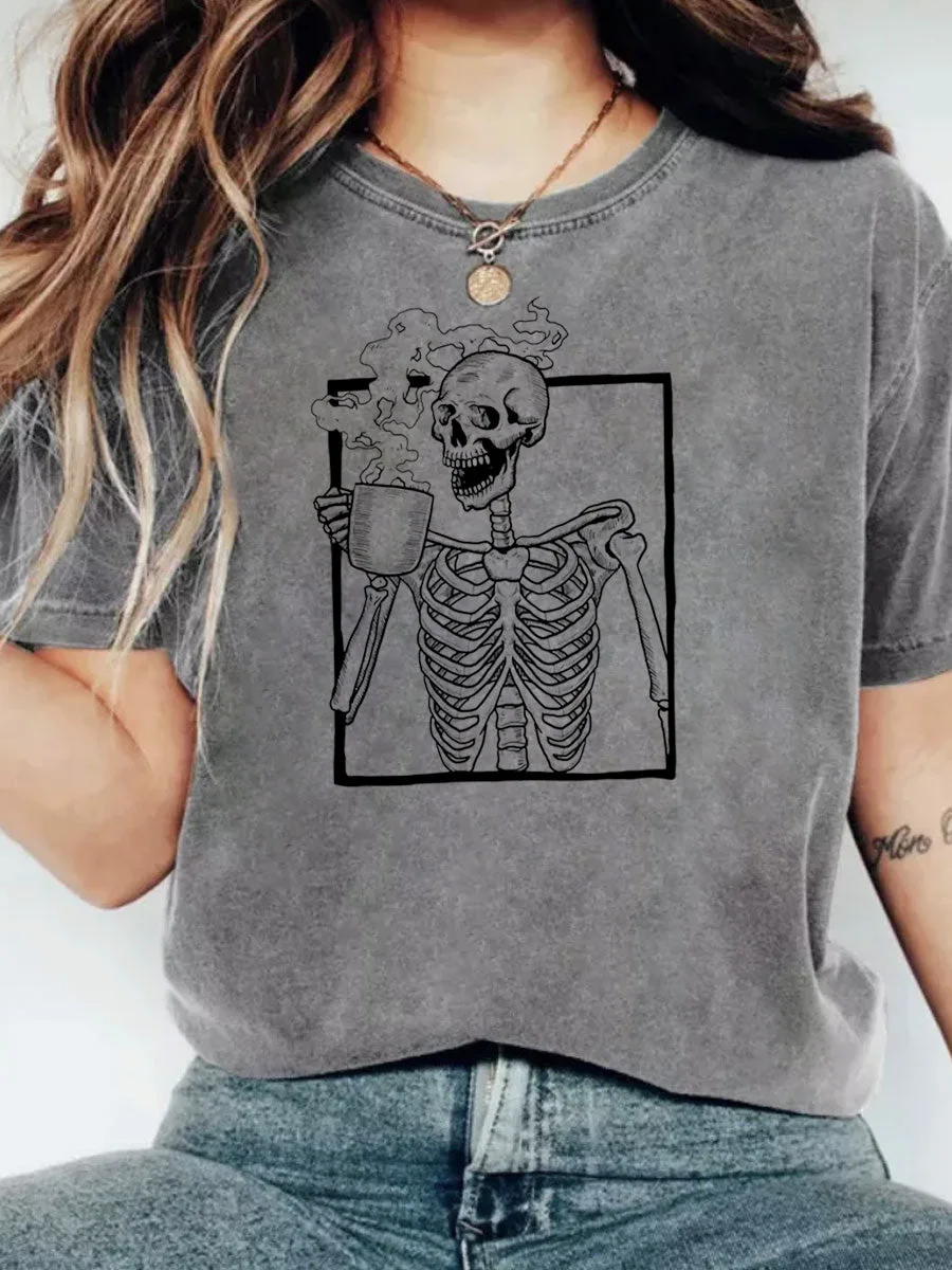 Skeleton Drinking Coffee Halloween T-shirt