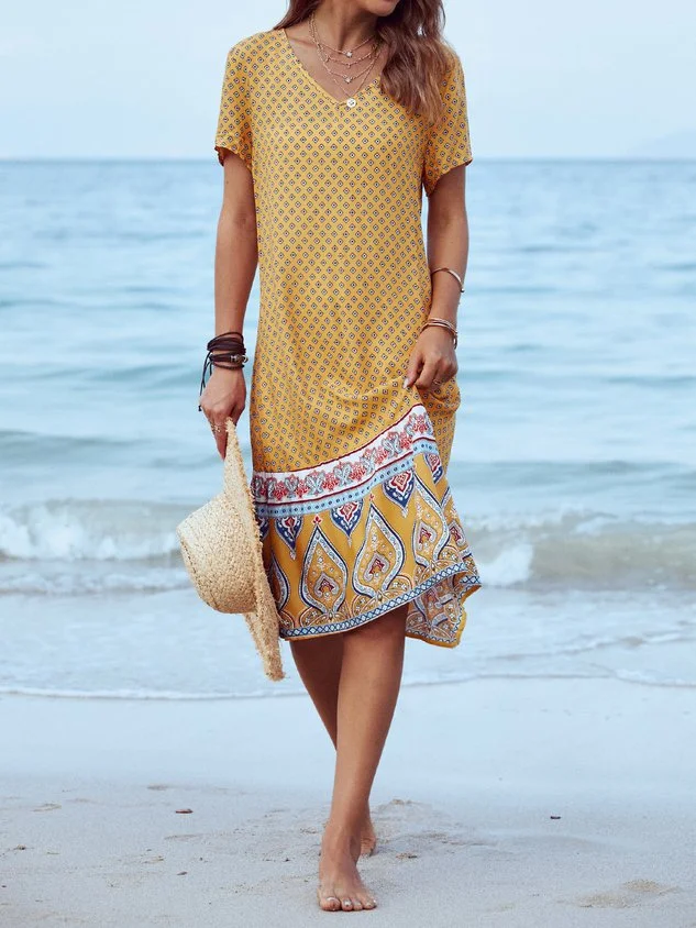 Printed Cotton Casual Short Sleeve Weaving beach dresses