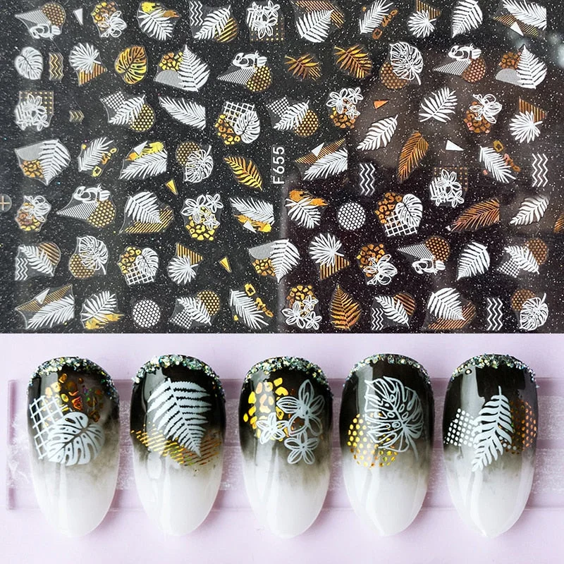 1 Sheet iridescent Nail Sticker Black leave 3D Transfer Beautiful Nail Decals Decoration Summer Popupar DIY Nail Design