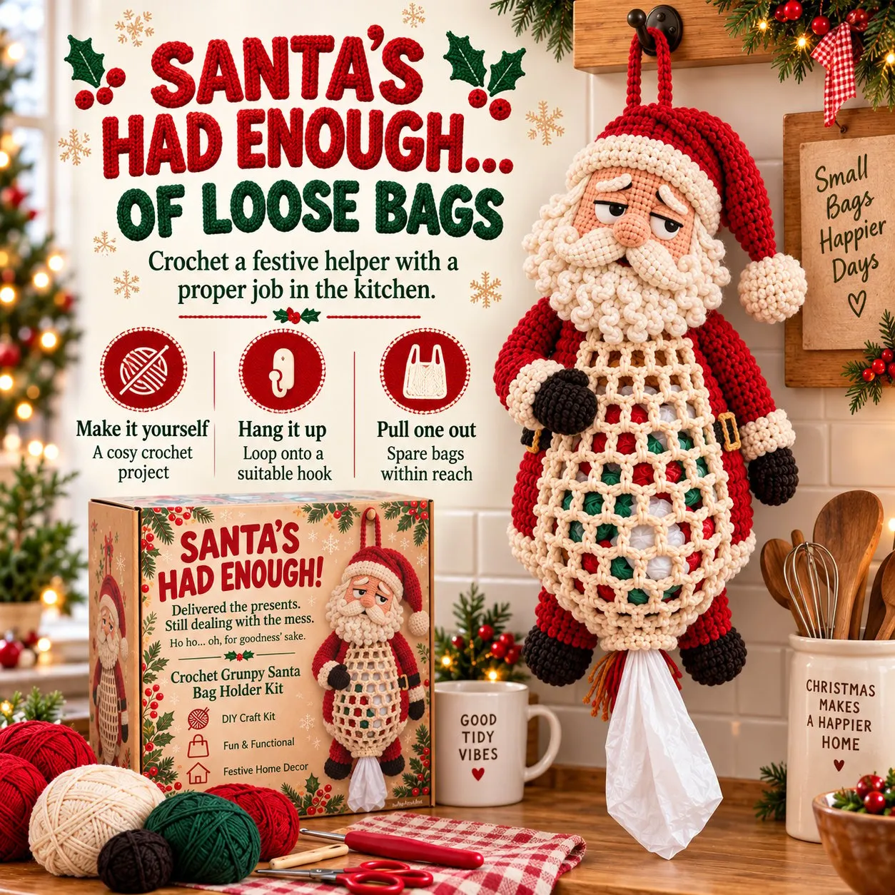 Santa crochet bag holder kit and finished character in a festive kitchen