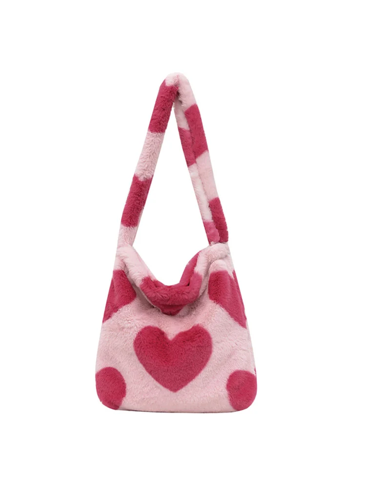 Retro Women Plush Leopard Shoulder Bag Autumn Winter Handbags (Red Heart)