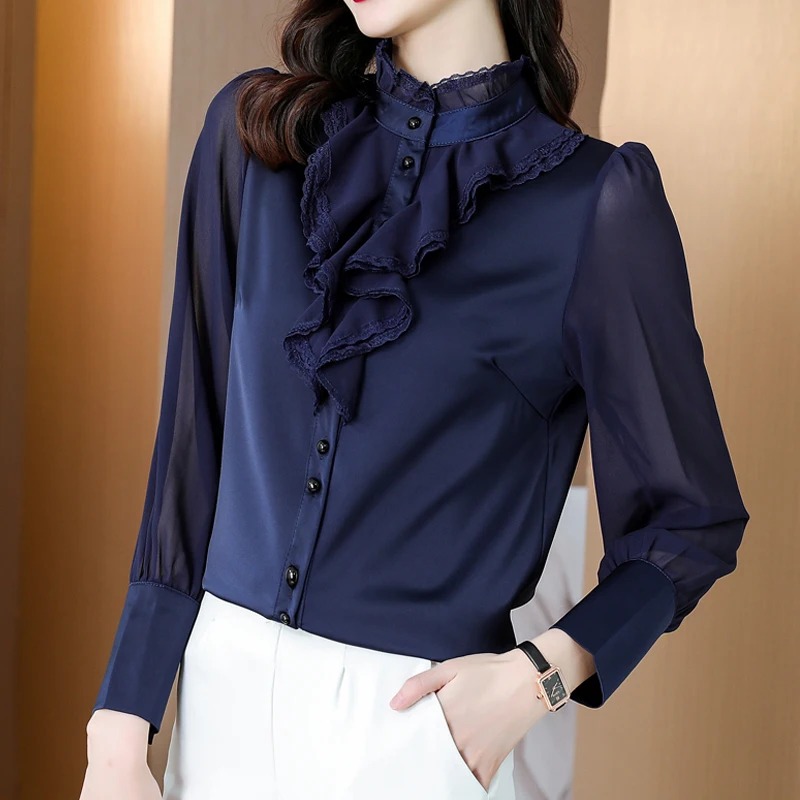 Elegant Lace Chiffon Women Blouse New Ruffle Shirt Casual Long Sleeve Tops Dark Blue Button Female Clothing Blusas 20389