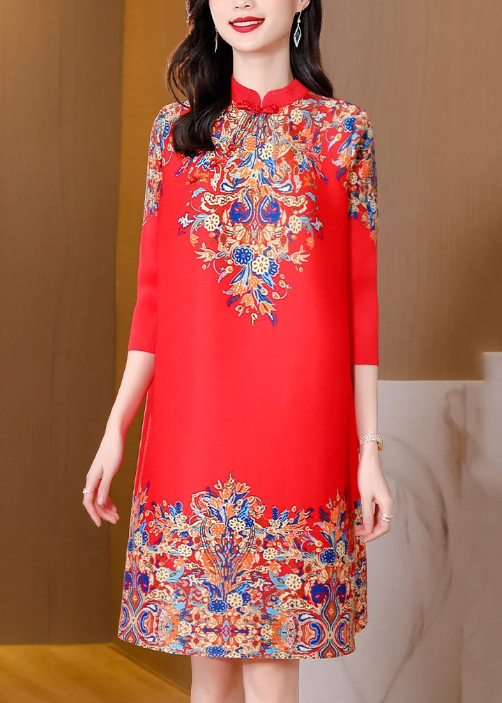 Red Print Silk Elegant Mid Dress Mandarin Collar Oriental Button Half Sleeve