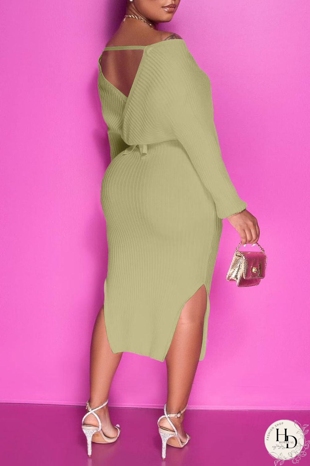 Green Sexy Solid Split Joint Slit With Belt V Neck Pencil Skirt Dresses