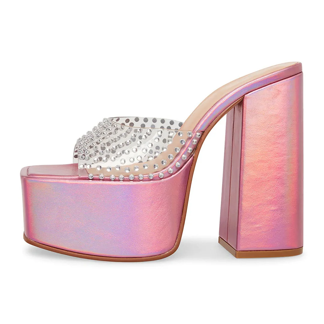 Pink Holographic Vegan Leather Rhinestone Wide Band Platform Mules
