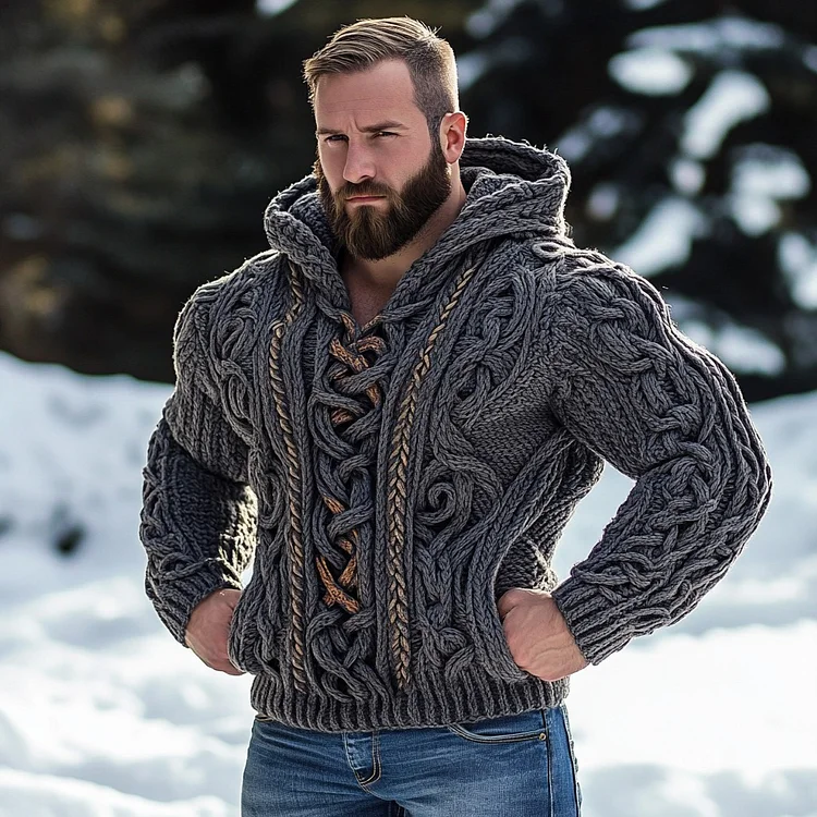 VChics Retro Viking Celtic Mythology Jacquard Chunky Hooded Sweater
