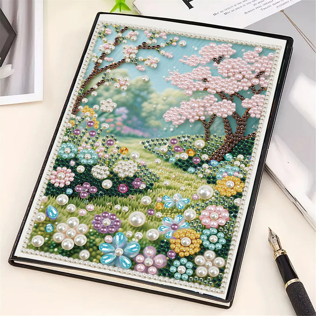 Spring Forest Partial Pearl DIY 50 Pages A5 Diamond Painting Notebook Special Shaped Diamond Art Diary Book Kits Wireless Strip 5D Crystal Art Paintings Sketchbook for Art Drawing