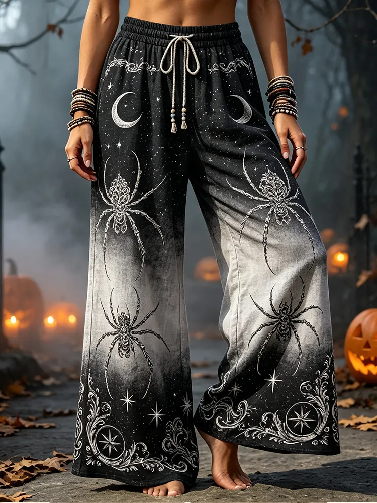 Comstylish Women's Gothic Drawstring Wide-leg Pants With Spiders, Crescent Moons, And Stars Print