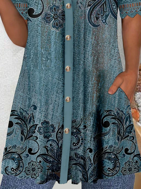 (PRE ORDER)Women's Short Sleeve V-neck Graphic Lace Buttons Tops