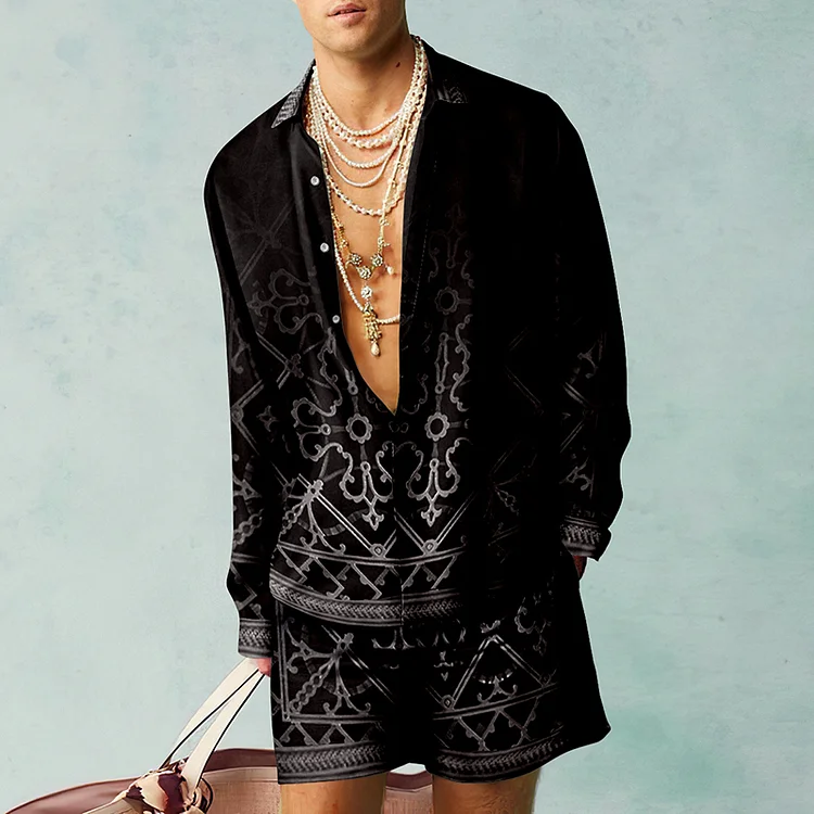 BrosWear Fashion Black Gradient Baroque Print Shirt And Shorts Co-Ord