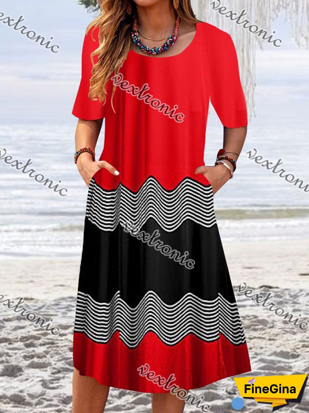 Women Short Sleeve Scoop Neck Stitching Midi Dress