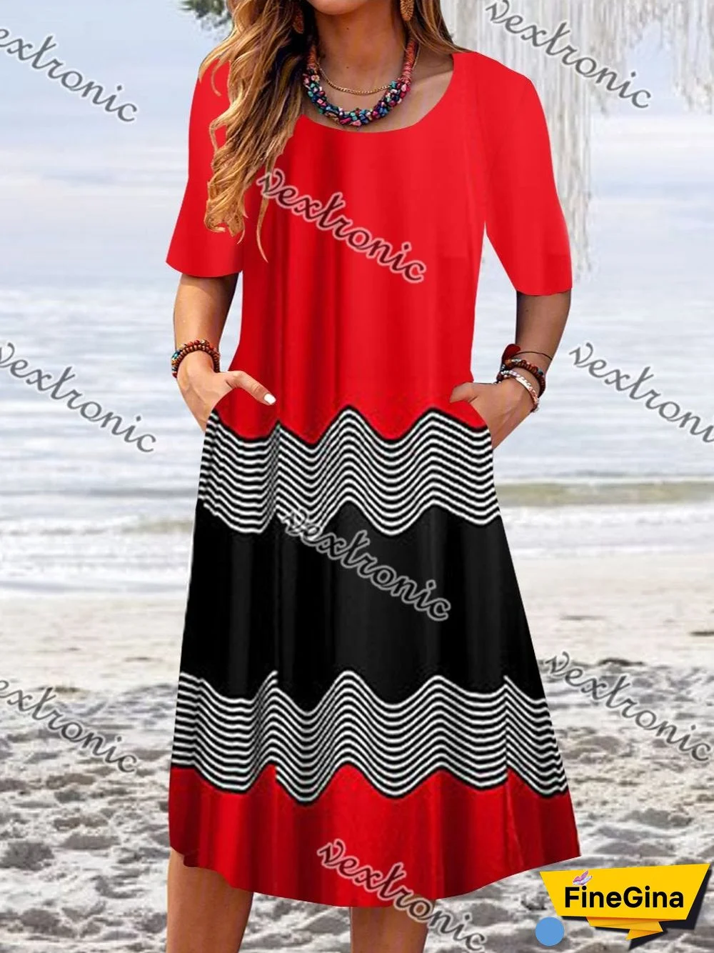 Women Short Sleeve Scoop Neck Stitching Midi Dress