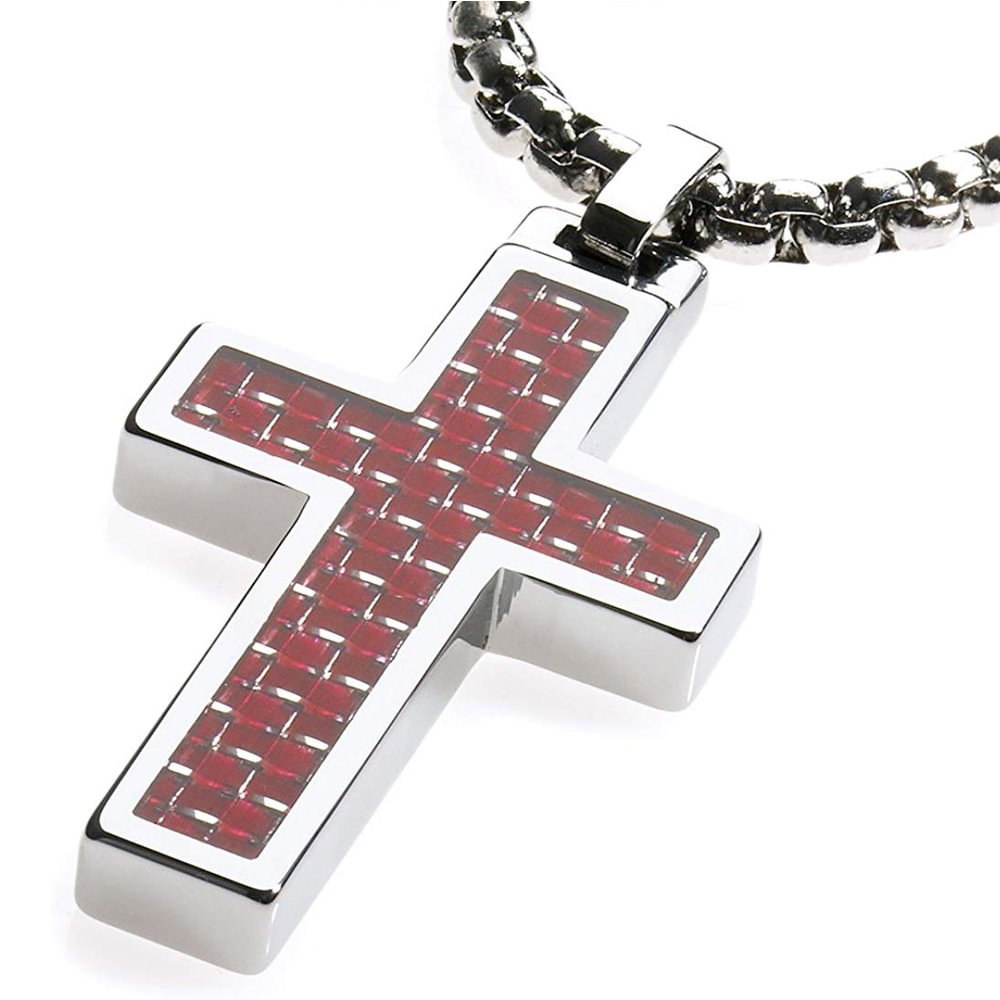 Women's Or Men's Unique Tungsten Cross Pendant. 4mm Wide Surgical Stainless Steel Box Chain. Tungsten Cross Red Carbon Fiber Inlay Necklace Jewelry Gifts For Mens And Womens