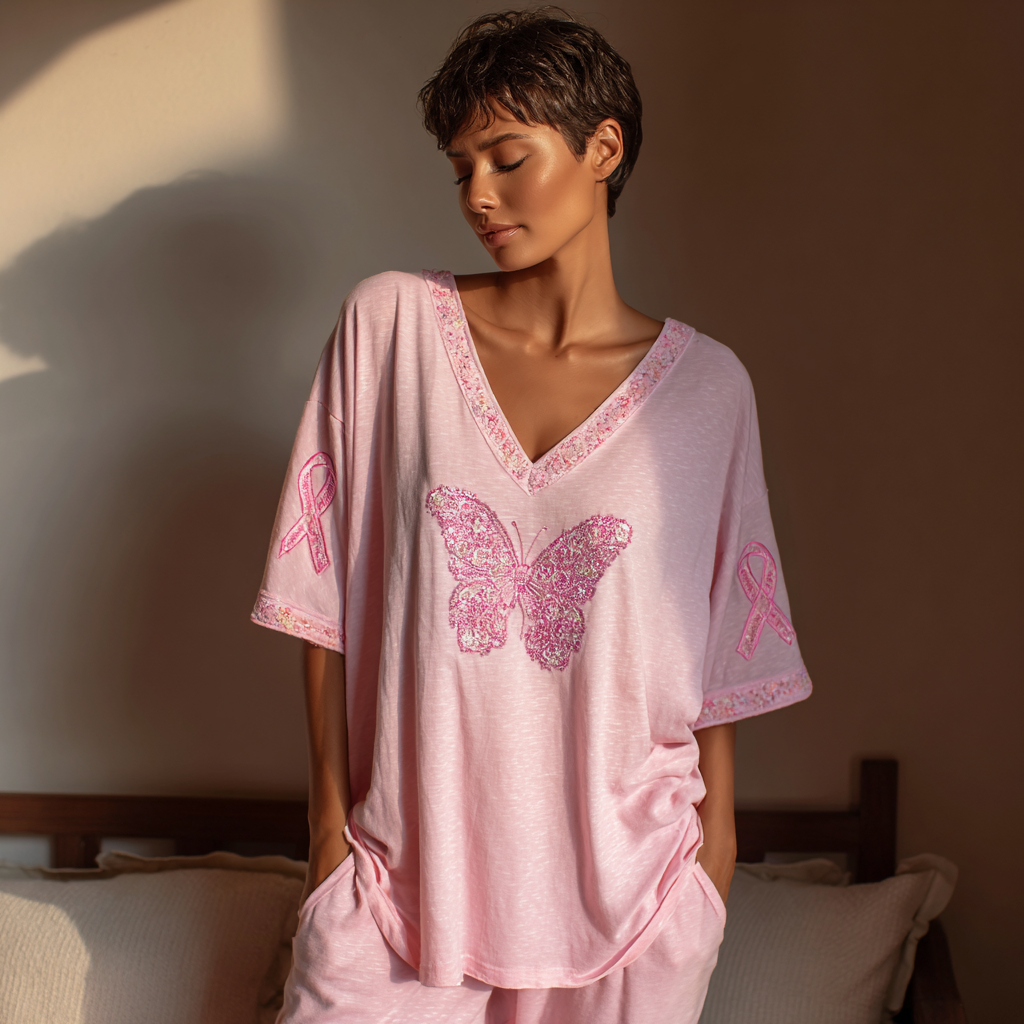 Women's Vintage Breast Cancer Awareness Butterfly Embroidered Short Sleeve T-shirt