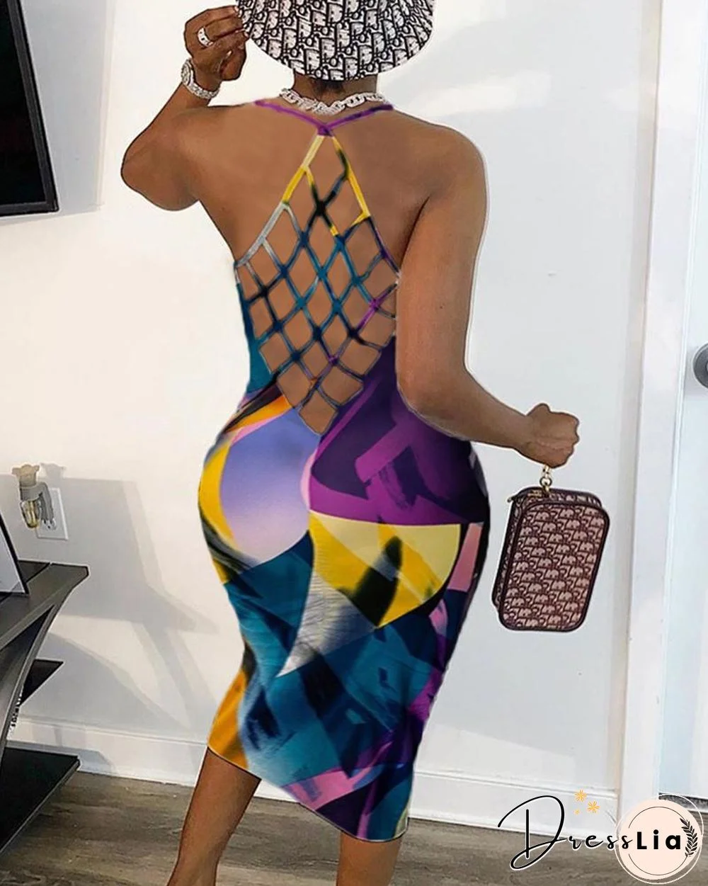 Color Block Backless Halter Sleeveless Skinny Maxi Dress
