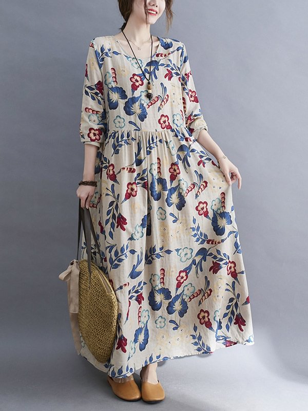 Casual Ramie Cotton Floral Printed Round-Neck Long Sleeves Over Size Maxi Dress