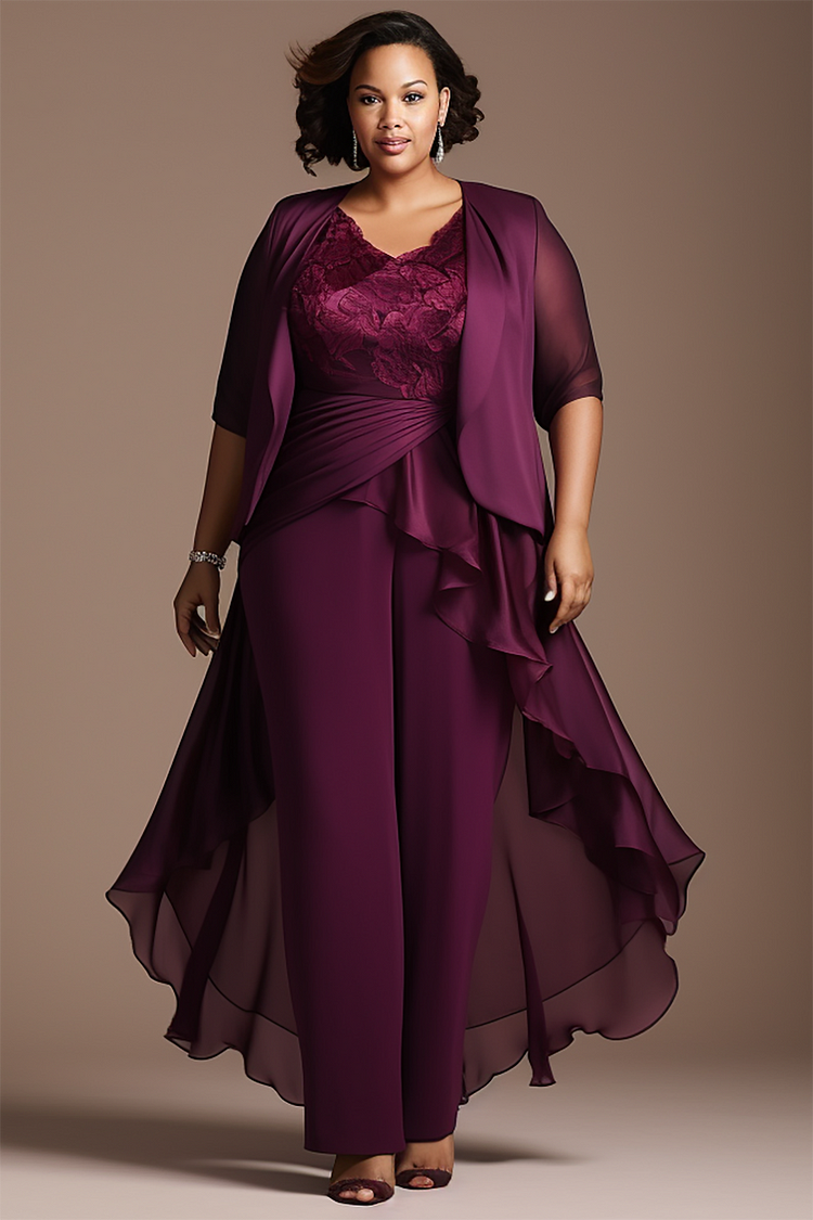 Xpluswear Design Plus Size Mother Of The Bride Elegant Purple Half Sleeve Irregular Hem Knitted Two Piece Pant Sets [Pre-Order]