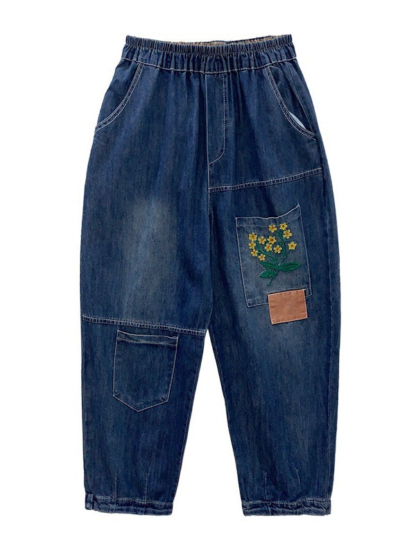 Women's loose Casual Vintage Patch Embroidered Oversized Jeans Pants