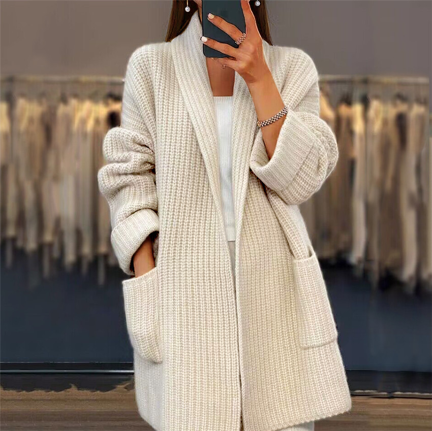 Mature Women Lapel Knitted Cardigan With Pockets Fashion Casual Loose Sweater Jacket Fall Spring 