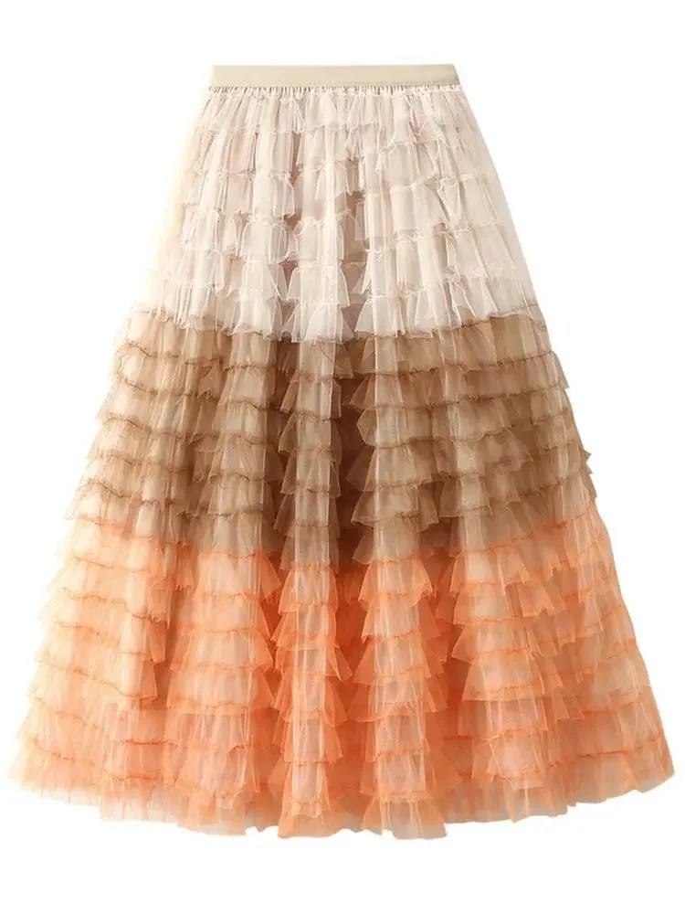 Nncharge Gradient Color Mesh Long Skirt Women High Waist Tiered Tulle Tutu Skirts Party Bohemian Casual Skirt Female