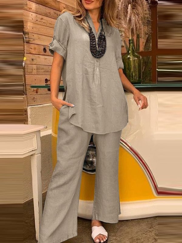 Short Sleeve V Neck Top With Wide Leg Pants Plain Set