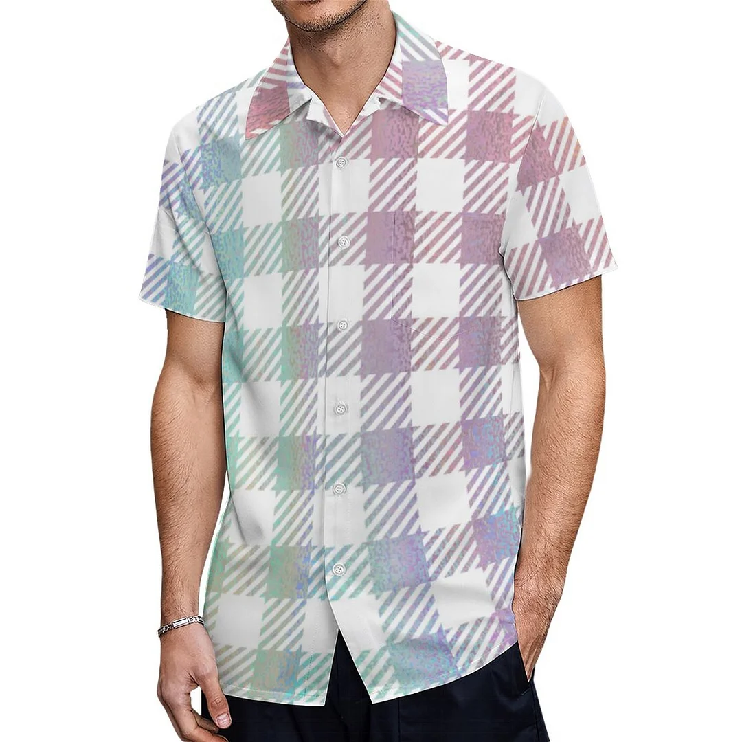 Short Sleeve Rainbow Iridescent Gingham Plaid Hawaiian Shirt Mens Button Down Plus Size Tropical Hawaii Beach Shirts
