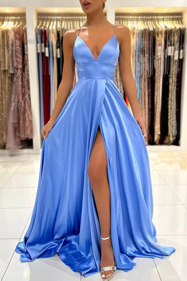 Oknass Simple Blue V Neck Spaghetti Straps Sleeveless A-Line Long Prom Dress with Split