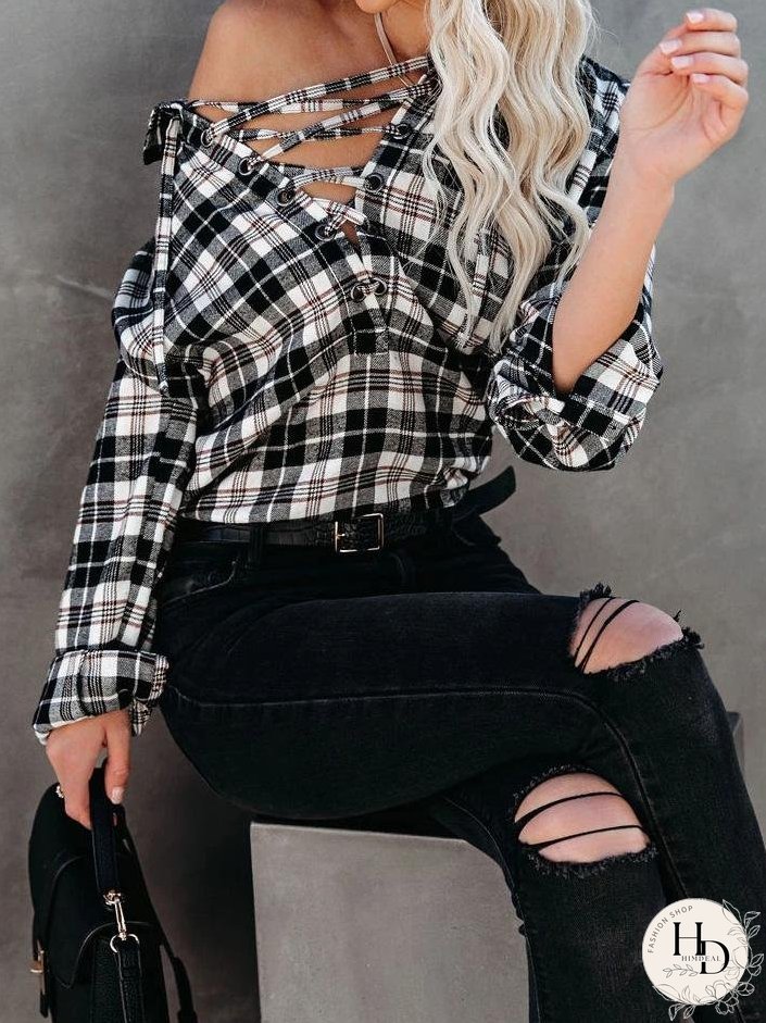 Blouses Plaid Half-Placketed Belted Lapel Comfortable Blouses for Women