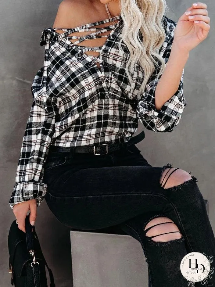 Blouses Plaid Half-Placketed Belted Lapel Comfortable Blouses for Women