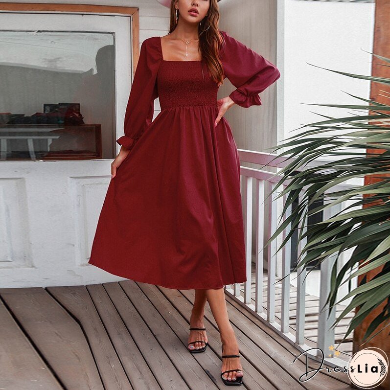 Autumn Square Collar Casual Long Dress Women Long Sleeve Pleated Red Maxi Dresses Elegant Female Bust Elastic Vestidos Rob