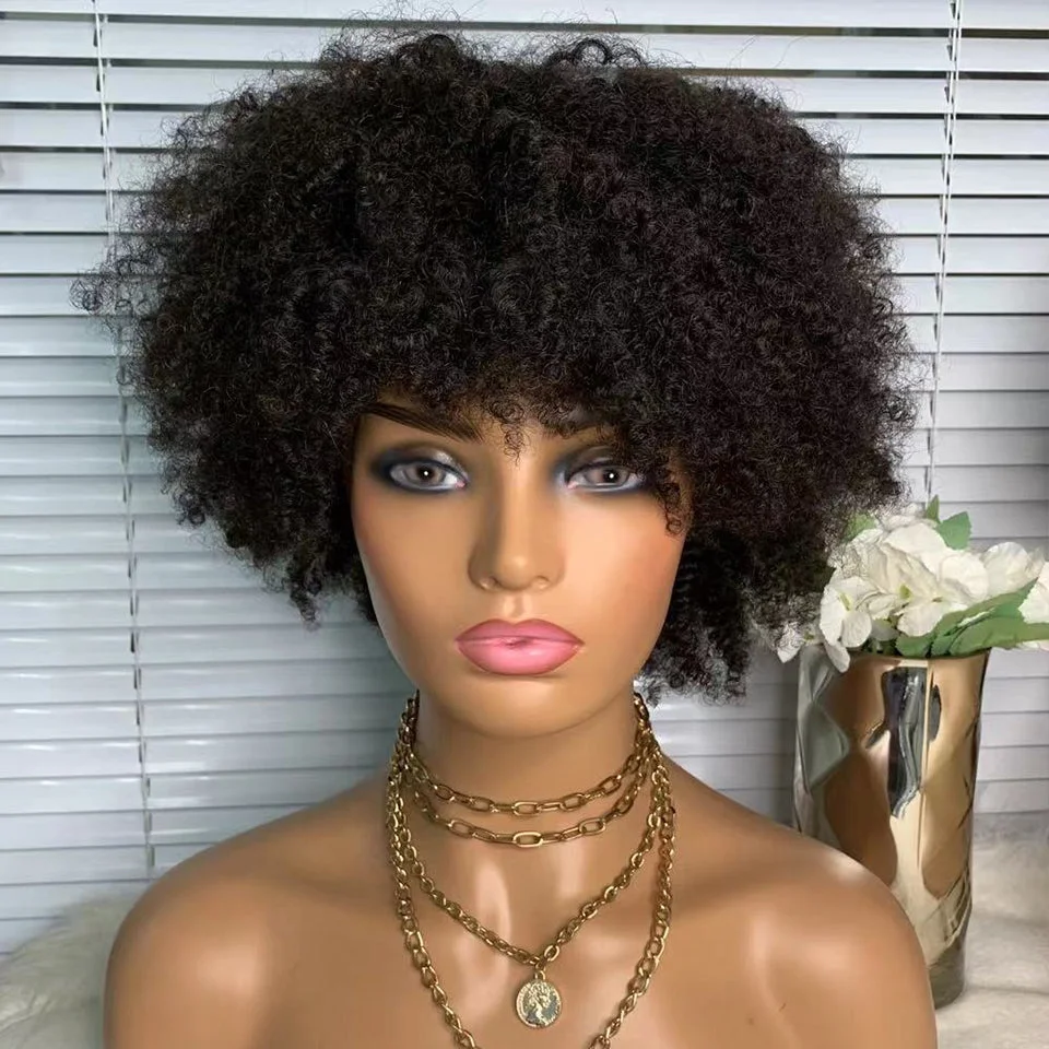 Afro Kinky Curly Black Wig for Women with Bangs Machine Made Wig