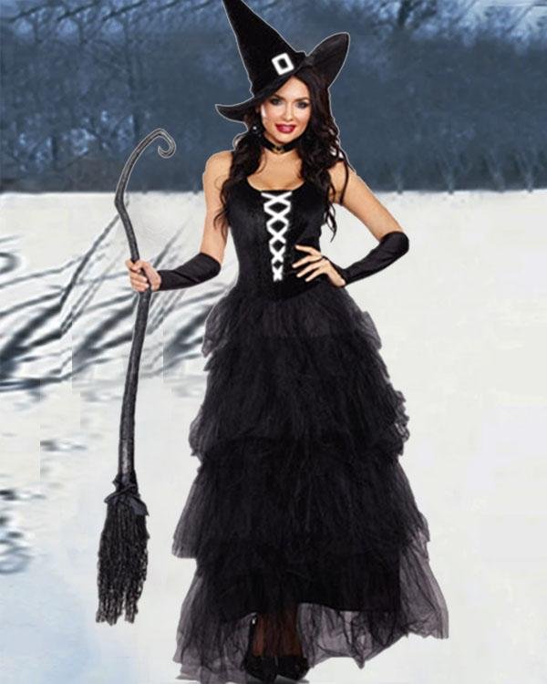 Elegant Halloween Layered Tulle Dress Witch Costume 5PCS Outfit - Chicaggo