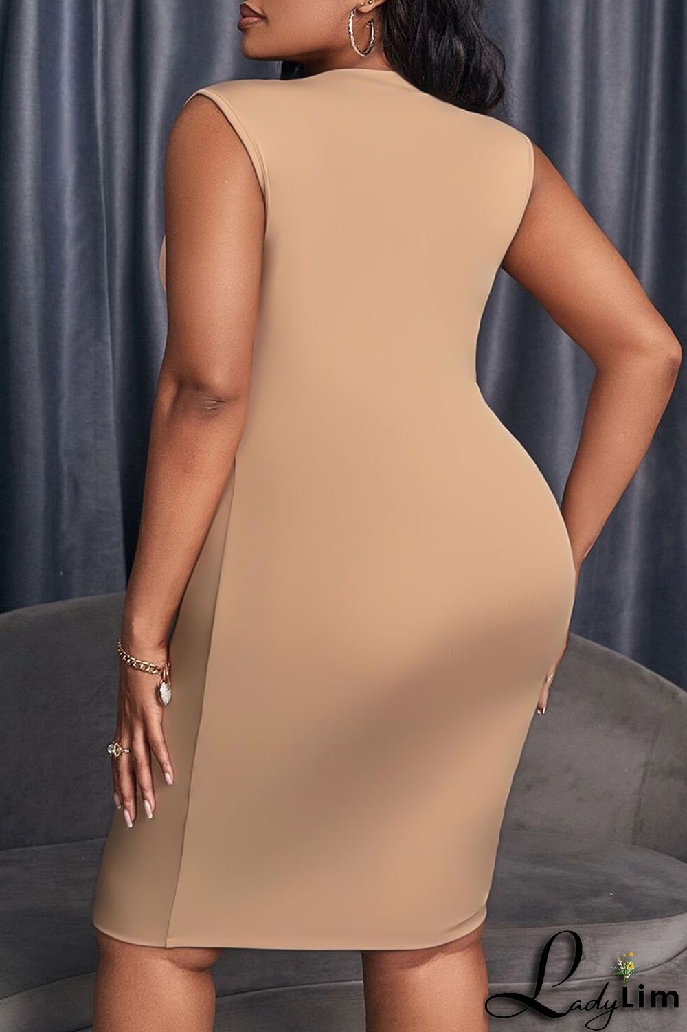 Apricot Casual Solid Bandage Patchwork O Neck One Step Skirt Plus Size Dresses