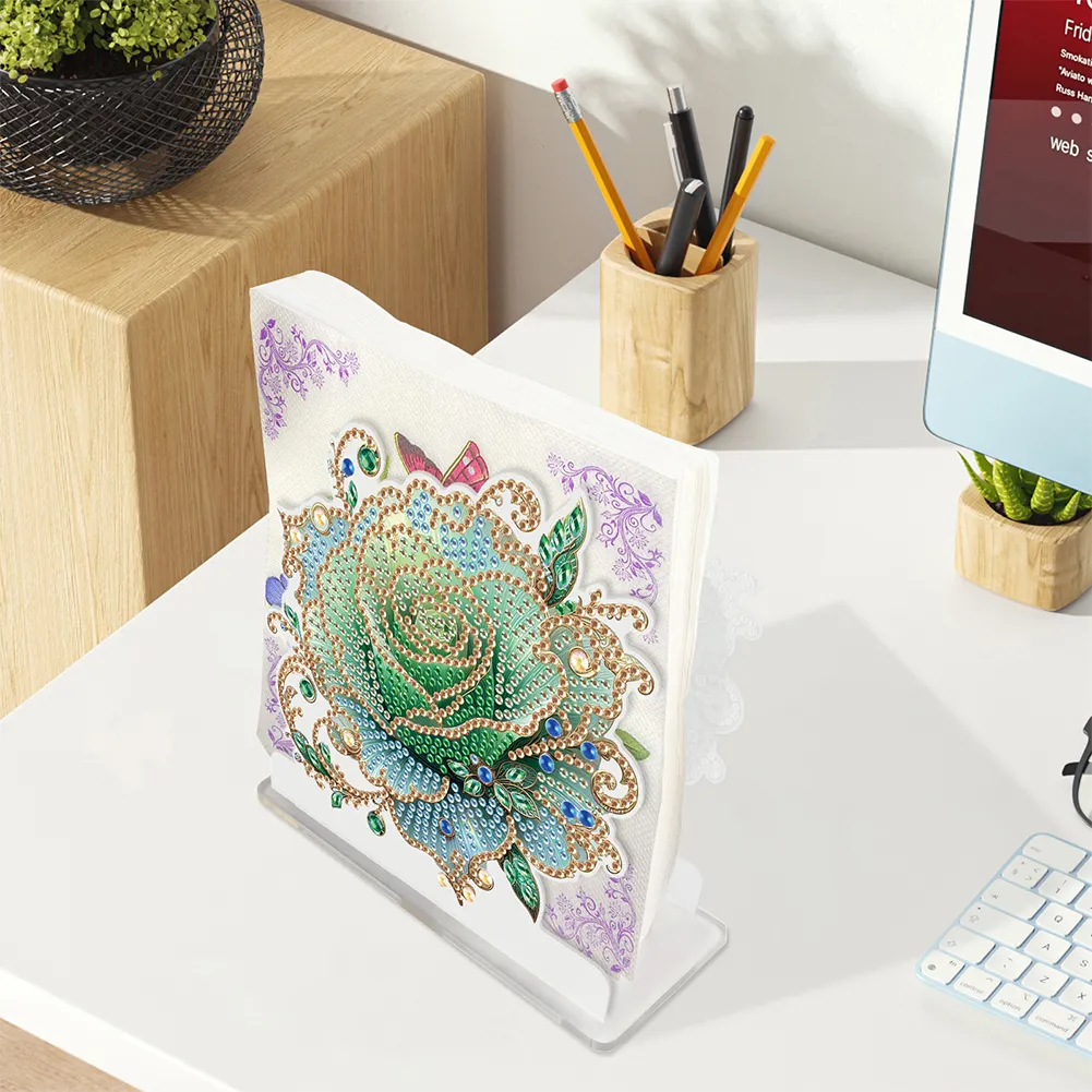 5D DIY Rose Diamond Art Acrylic Paper Towel Storage Rack Decor for Home Decor