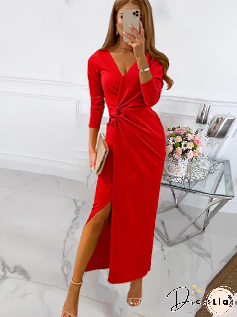 Solid Color Wrapped Chest Long Temperament Commuter V-neck Dress