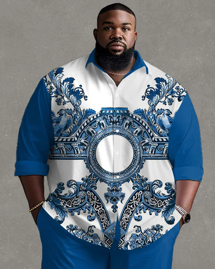 Men's Plus Size Daily Casual Retro Color Matching Pattern Long Sleeve Shirt Trousers Suit