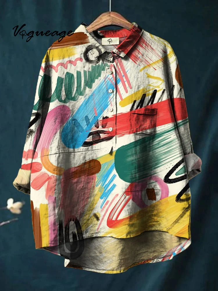 Colorful Gentle And Intellectual Printed Cotton And Linen Shirt
