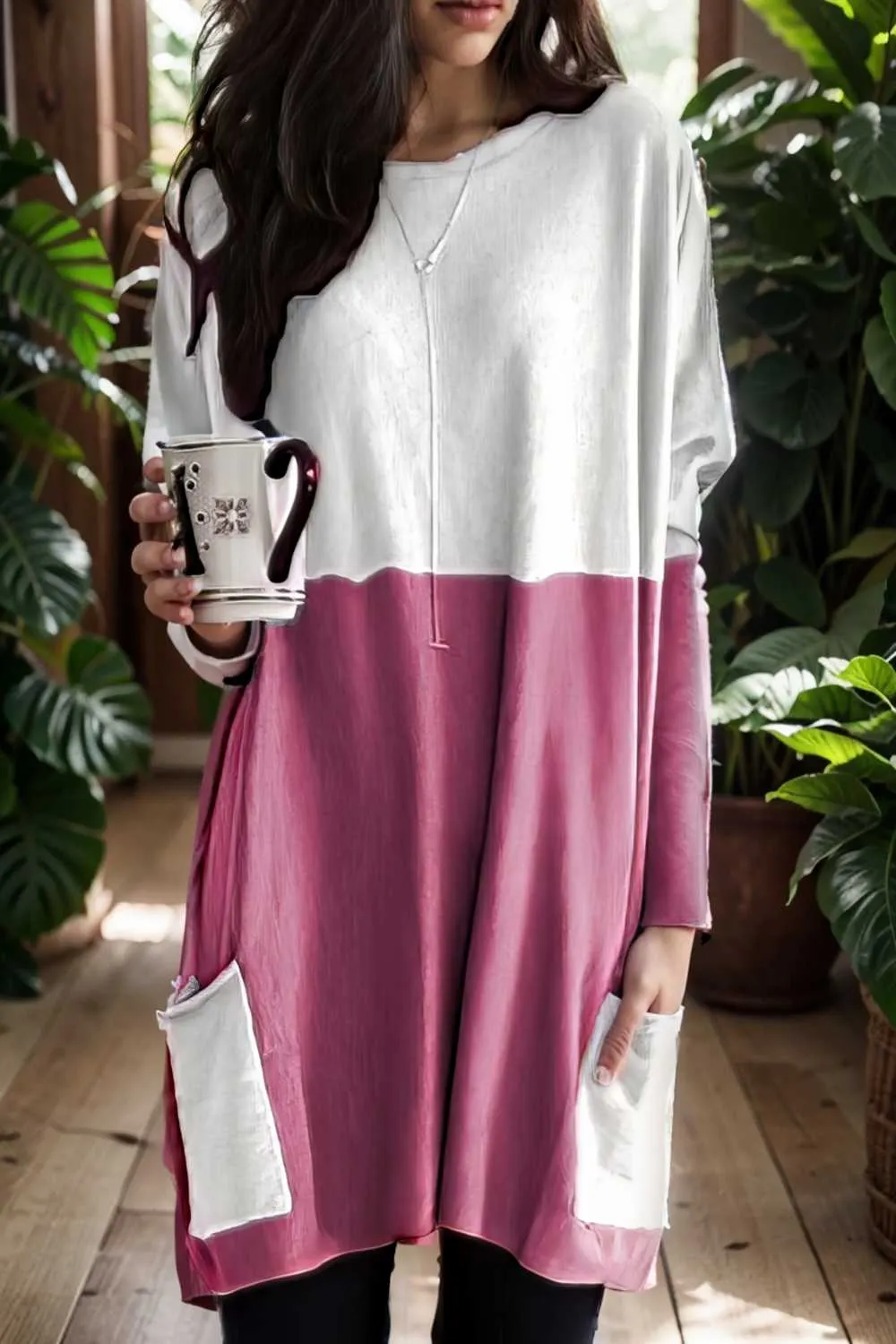 two color stitching pocket loose long sleeve t shirt