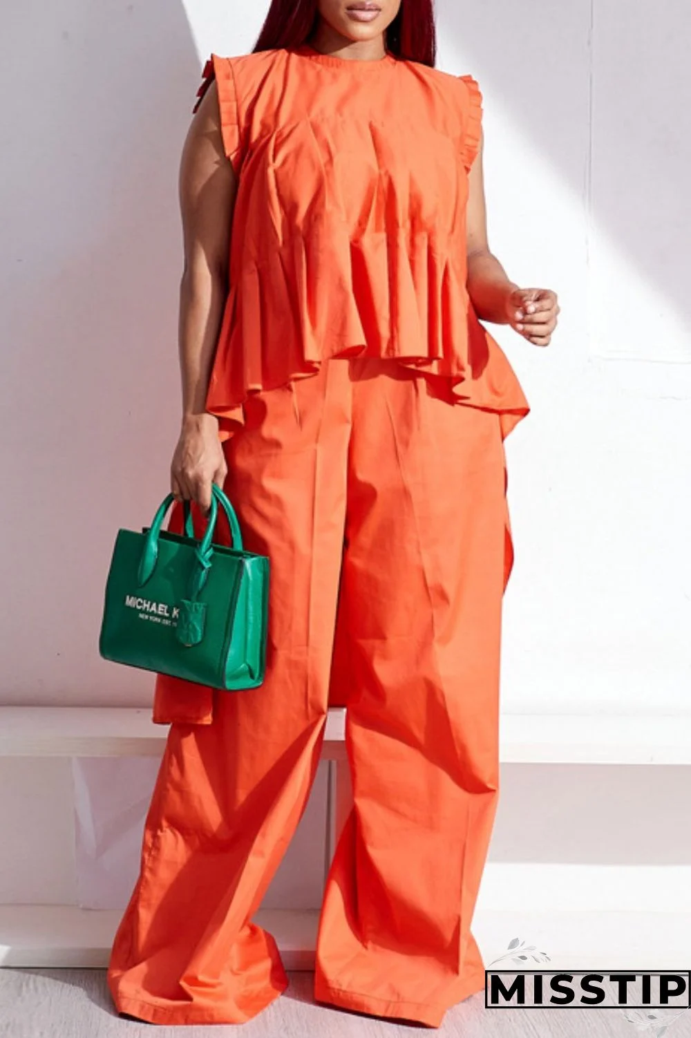 Orange Casual Solid Patchwork O Neck Sleeveless Two Pieces