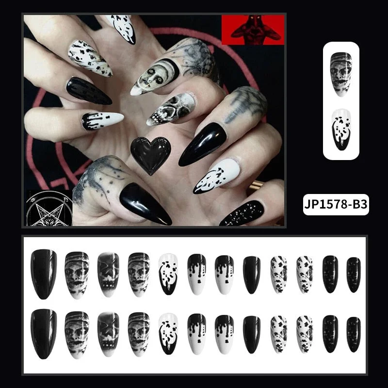 24PCS Dark Punk False Nails with Glue Gradient Long Detachable Fire Stick on Nails Skull Flame  Art DIY Fashion Manicure Tool-Nail Inspo