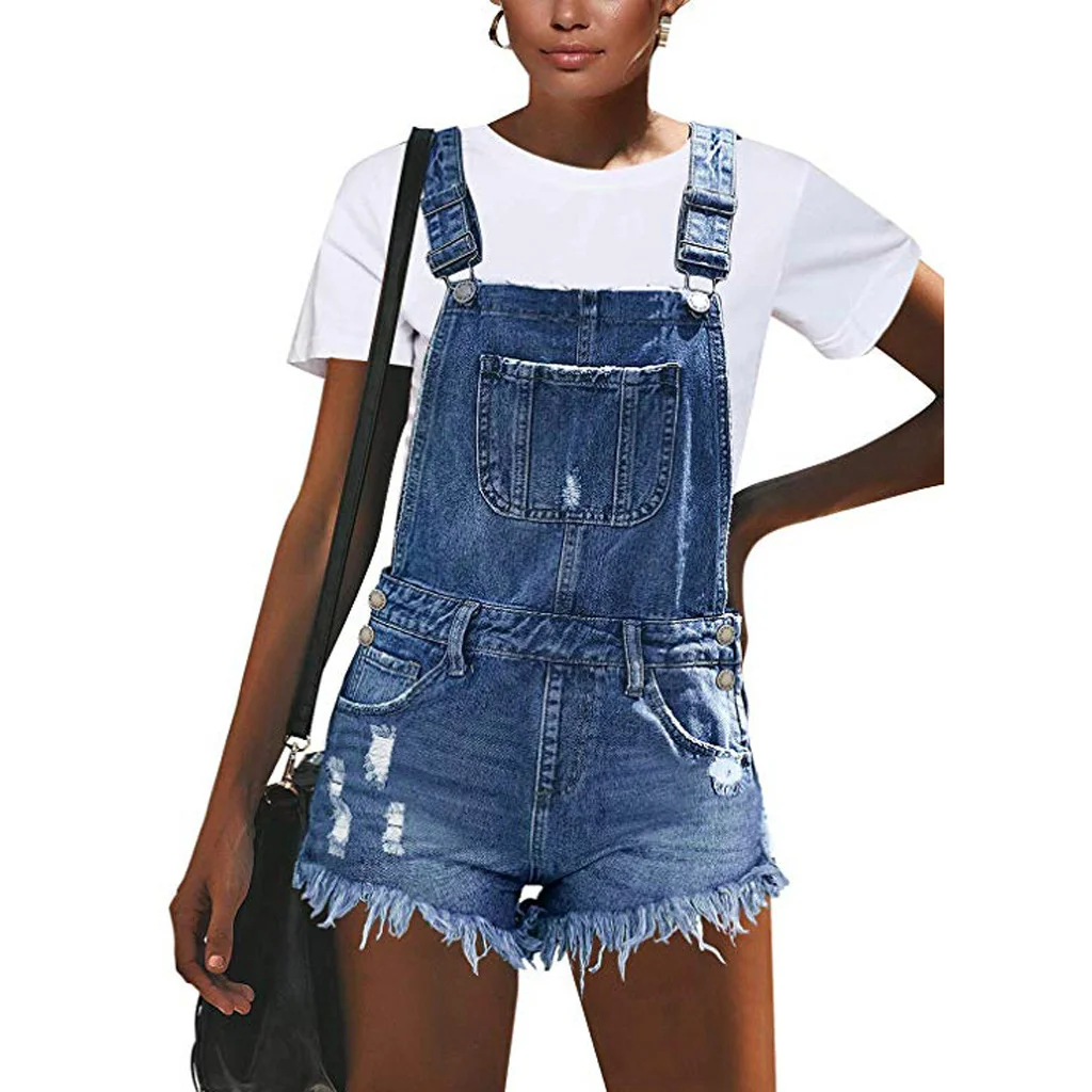 Women's College Style Strap Pants Solid Color Washable Shorts Romper Denim Jeans