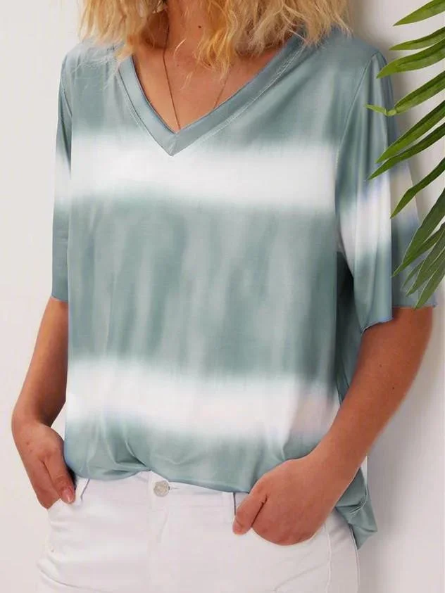 Women Short Sleeve V-neck Colorblock Gradient Top