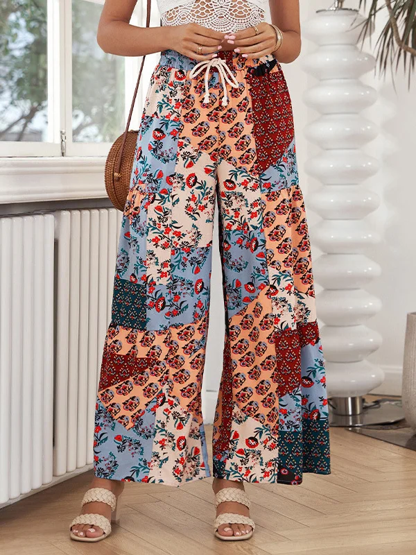 High Waisted Loose Drawstring Flower Print Pleated Pants Trousers